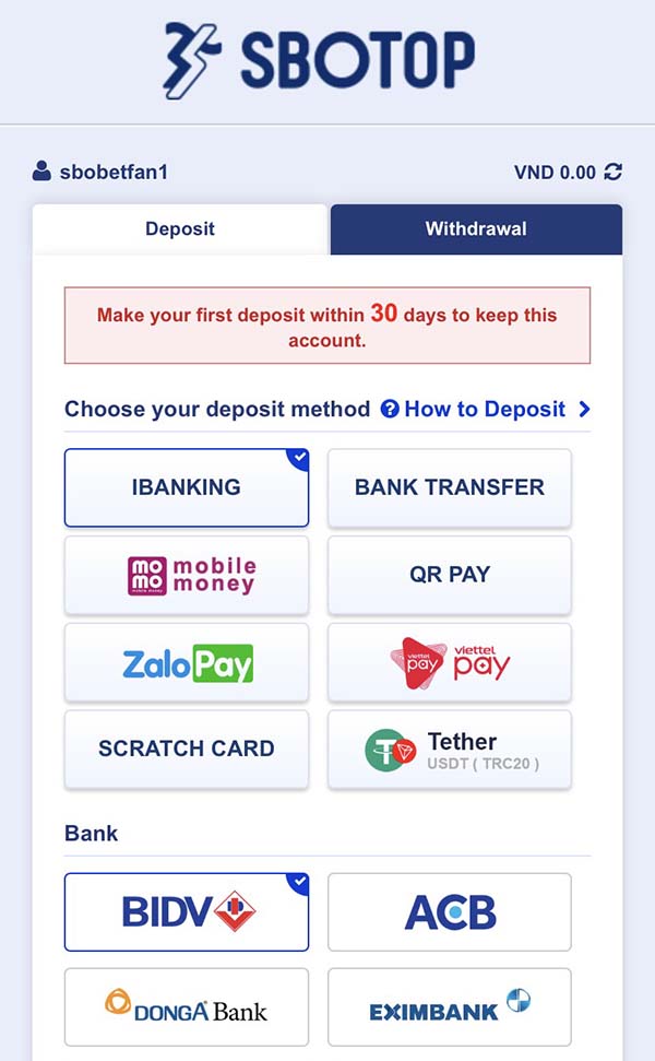 Cách nạp tiền vào Sbobet bằng internet banking